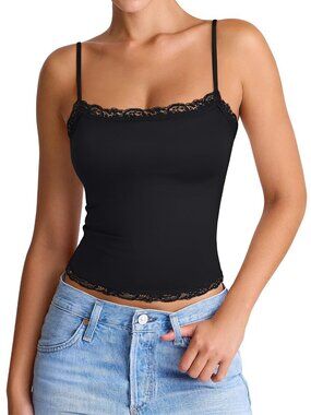 Women's Sexy Square Neck Lace Cami Tank Tops Fitted Double Lined sleeveless - XL